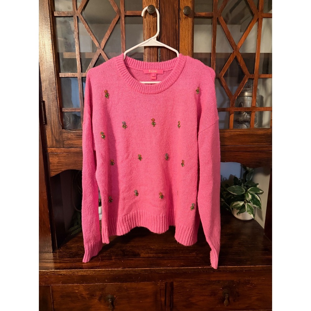 Lilly Pulitzer Stila Stilla Pink Embellished Beaded Wool Blend Sweater Large - Picture 2 of 7
